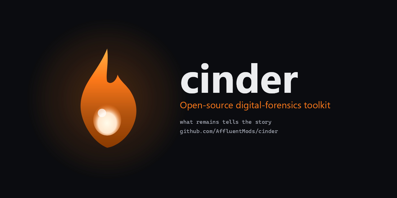 The Cinder flame logo beside the words: cinder, open-source digital-forensics toolkit.