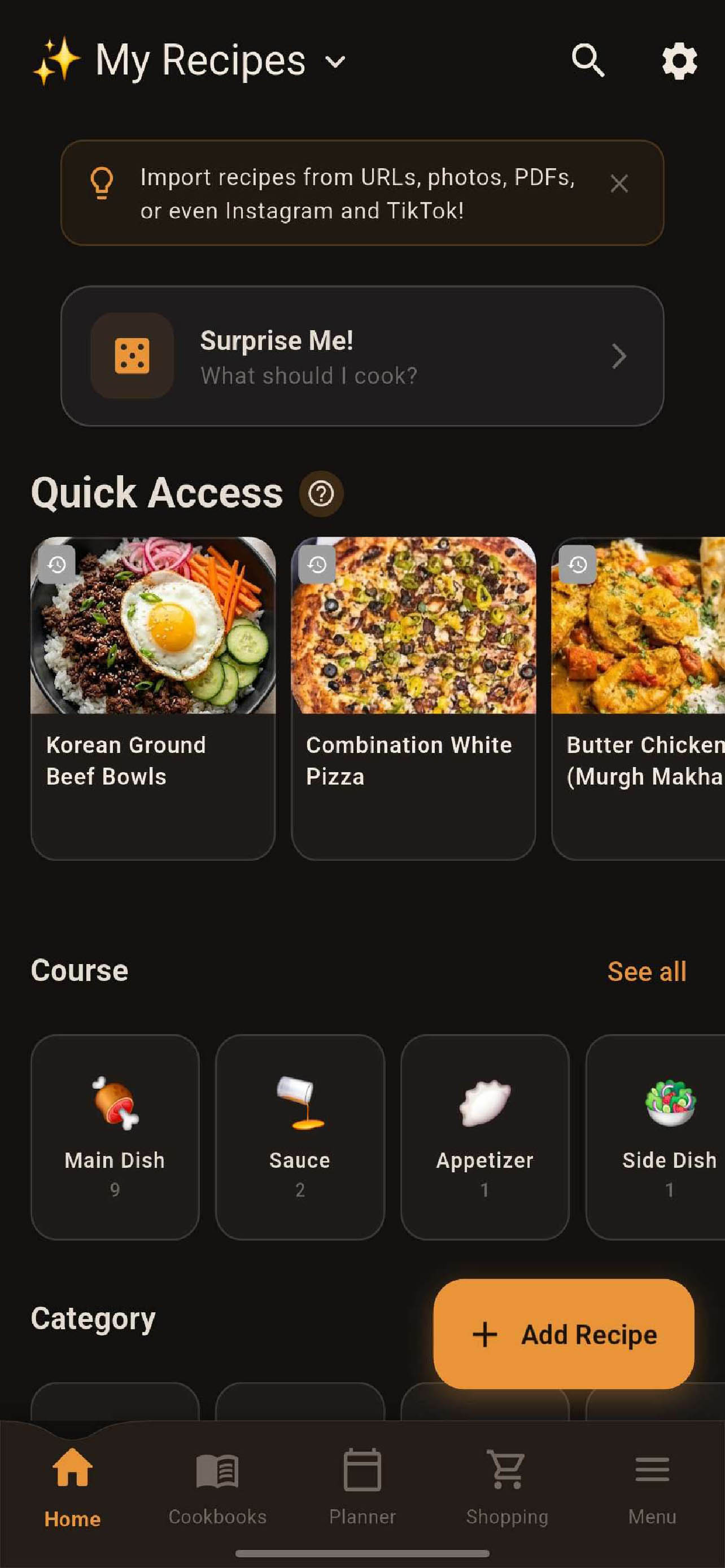 Recipe Spellbook home screen: an import tip, a Surprise Me button, and recently opened recipes with photos.