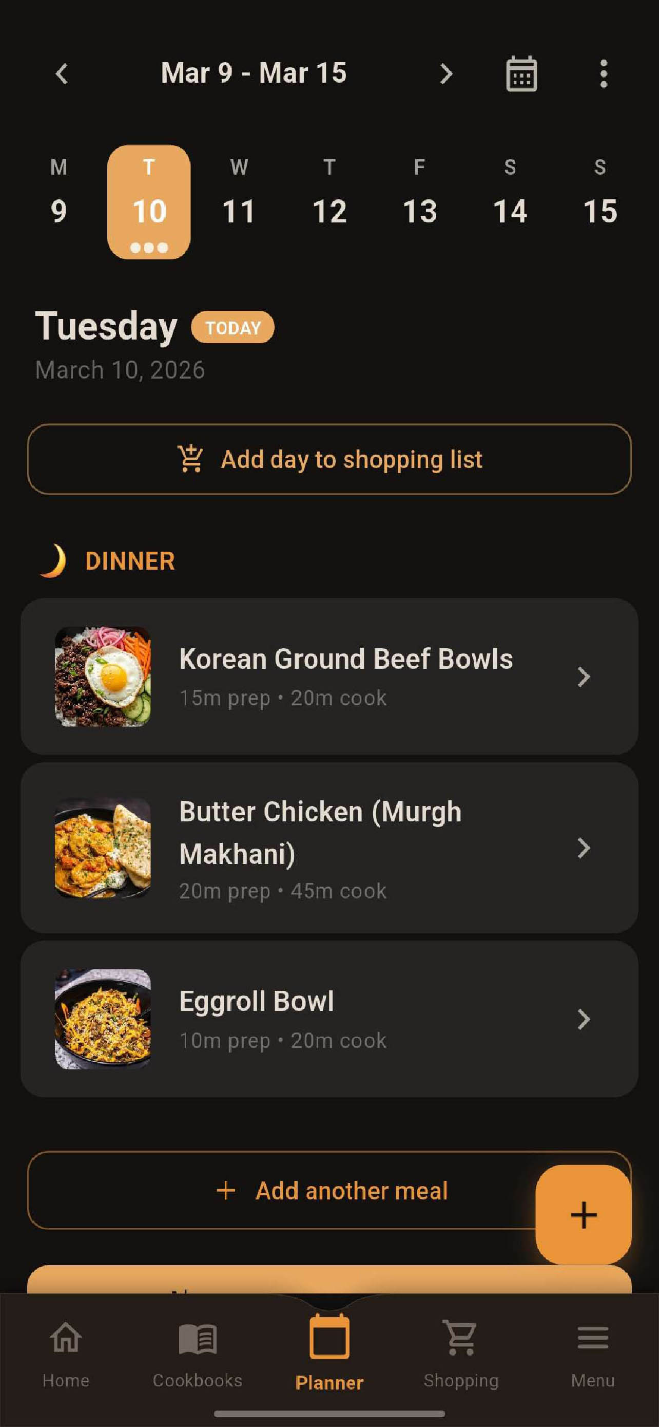 Recipe Spellbook meal planner showing a week of dates and three dinners planned for Tuesday.