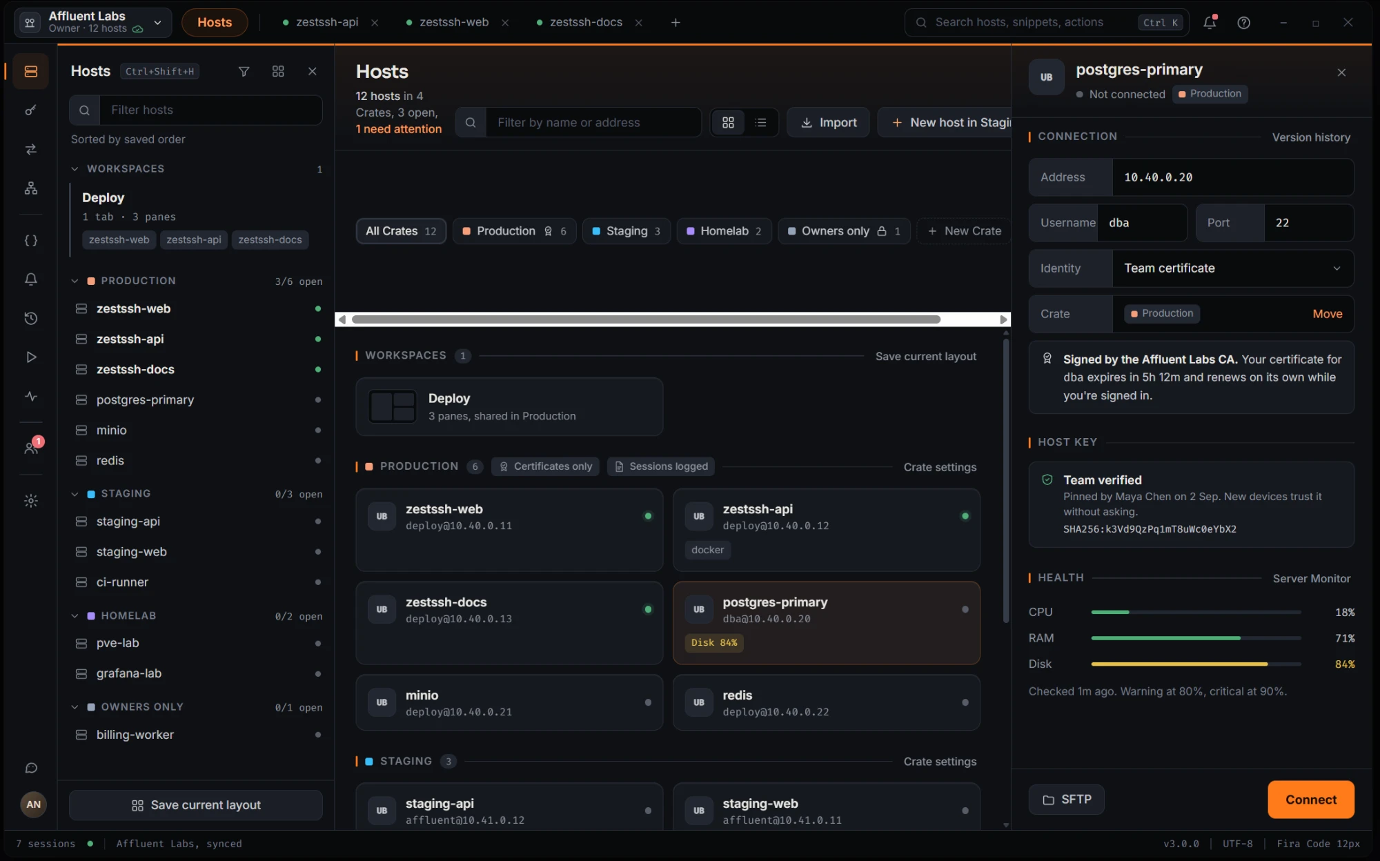ZestSSH on desktop showing saved servers grouped by environment, with a selected database server showing its sign-in method and live CPU, memory, and disk health.