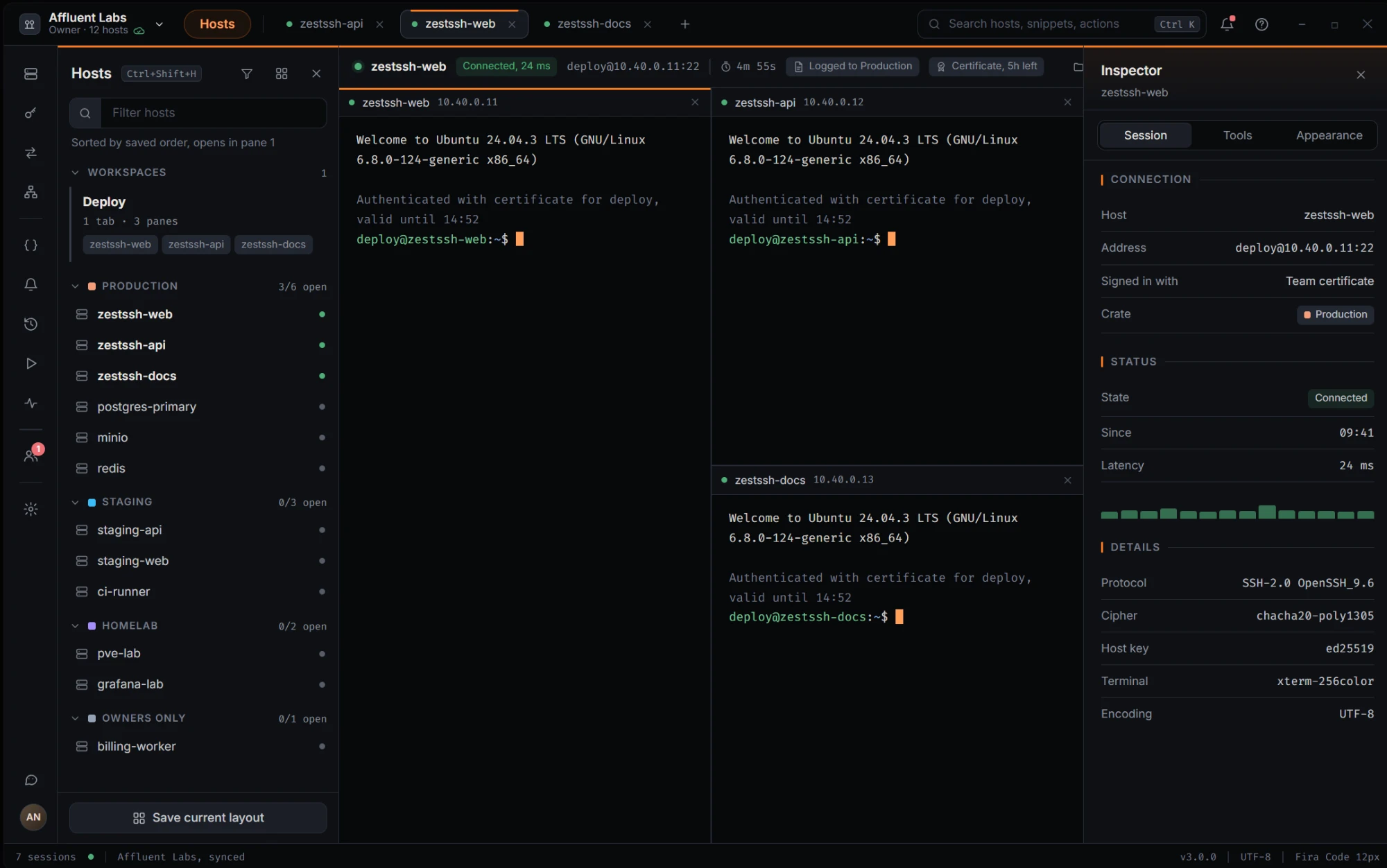 ZestSSH on desktop with three terminal sessions open side by side and an inspector panel showing the connection, status, and encryption details.