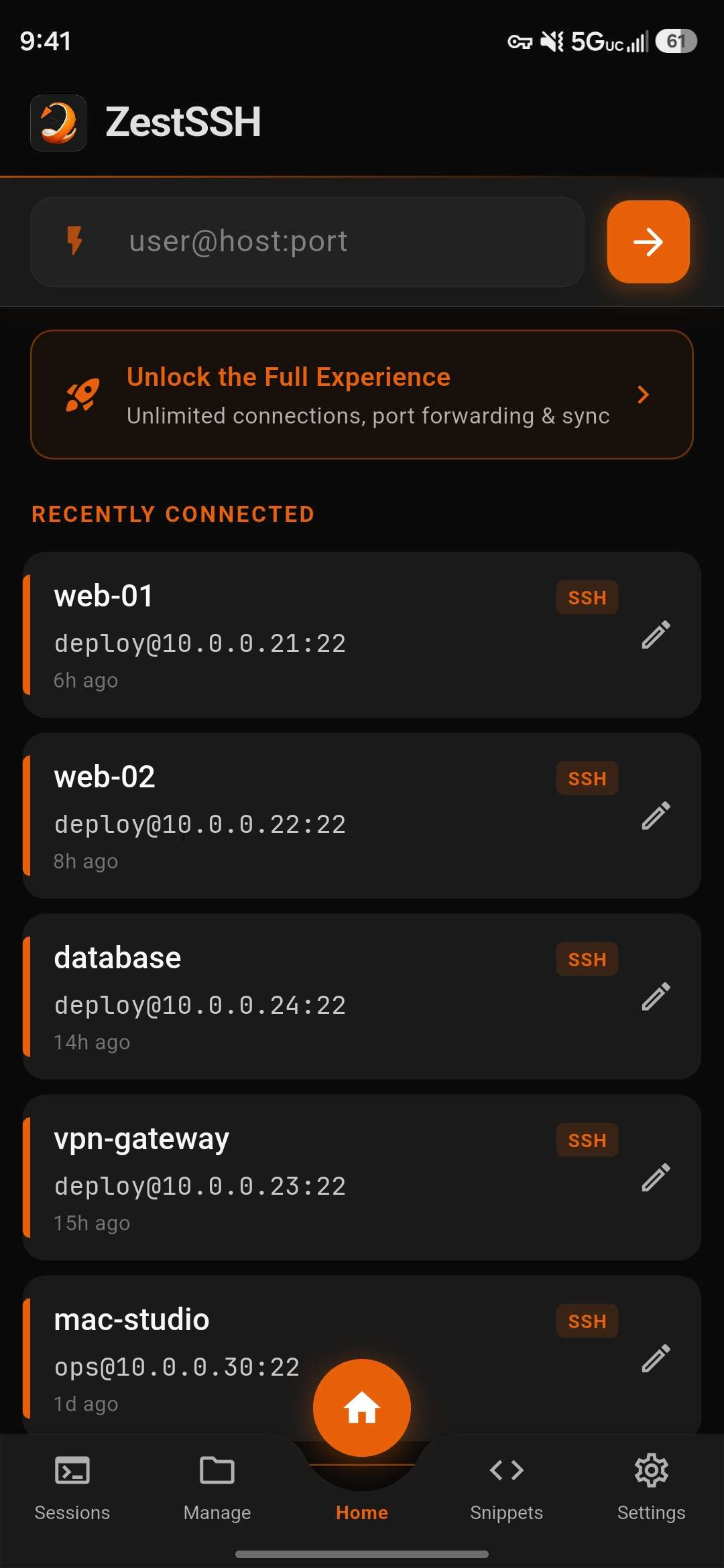 ZestSSH home screen on Android: a quick-connect bar and a list of recently connected servers.