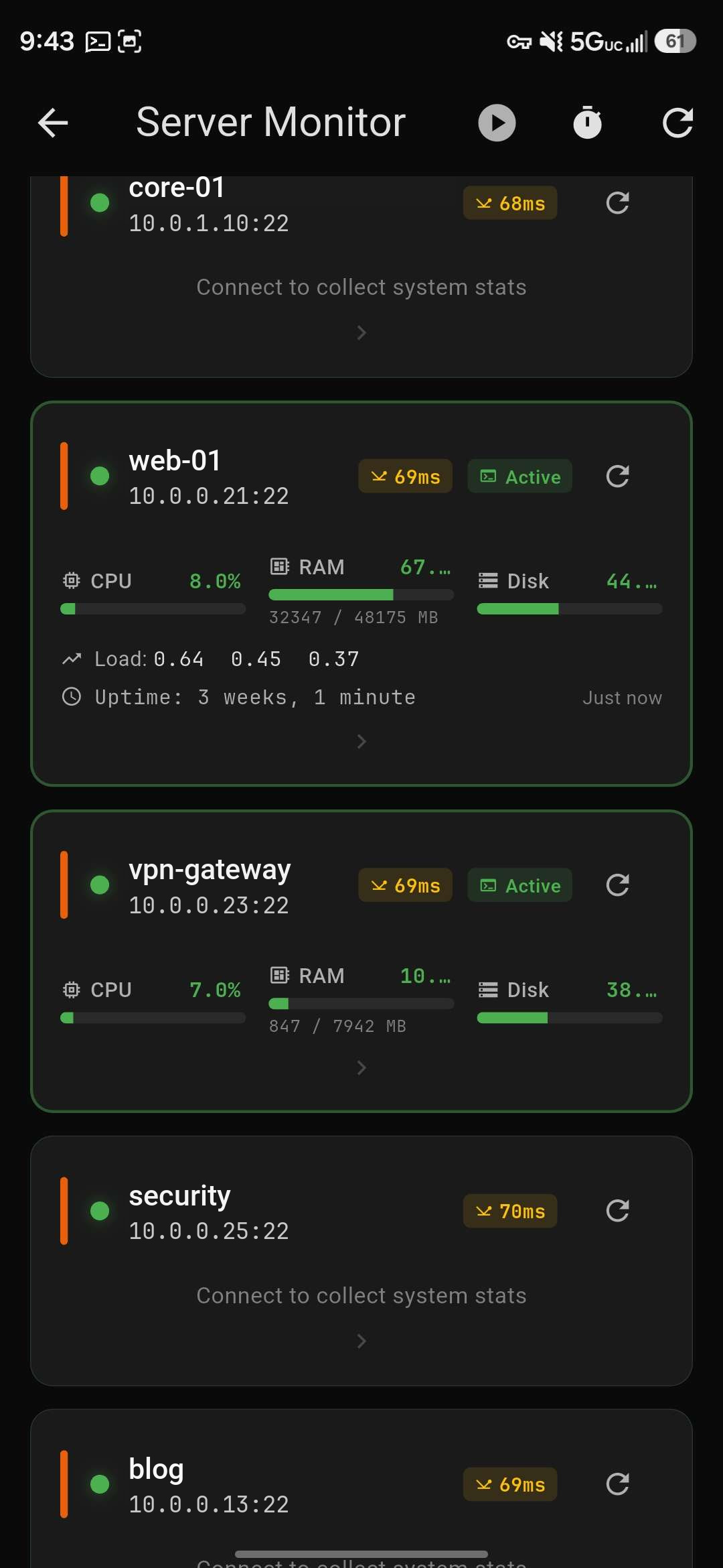ZestSSH Server Monitor showing live CPU, RAM, disk, and latency for several servers.